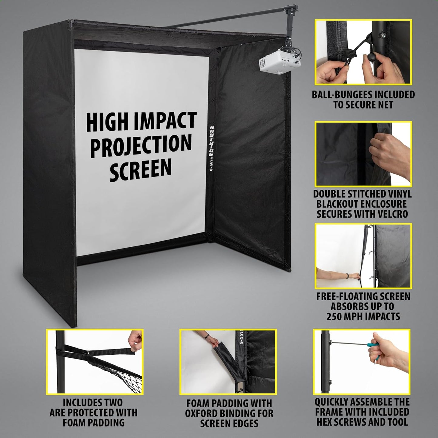 Complete Golf Simulator Enclosure Package – 4K-Ready Impact Screen with Blackout Cage, Projector Mount, Frame Poles, Side Shank Nets | Indoor & Garage Practice | Easy Setup | 12-Month Warranty