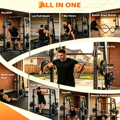 Smith Machine Home Gym, 2200LB Power Cage with Dual Pulley Cable Systems, LAT Pull-Down, Leg Hold-Down & 20+ Attachments for Full Body Workouts