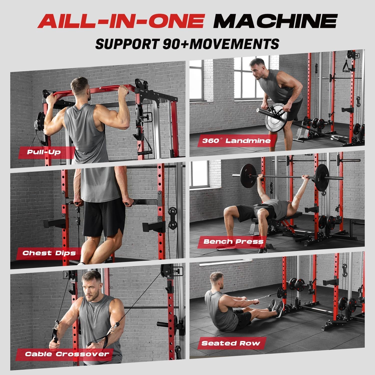 Smith Machine Home Gym, Multi-Function Power Cage with Dual Pulley Cable Crossover System, All-In-One Squat Rack with Smith Bar and Strength Training Attachments for Full-Body Workouts