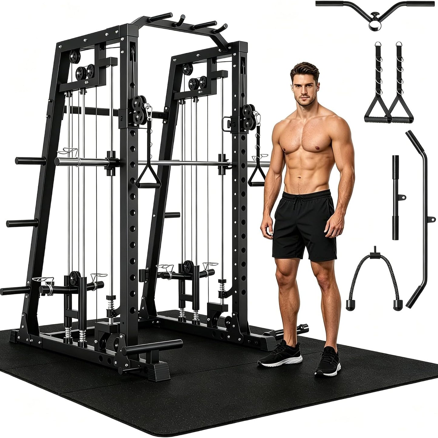 Smith Machine Home Gym, 2200LB Power Cage with Dual Pulley Cable Systems, LAT Pull-Down, Leg Hold-Down & 20+ Attachments for Full Body Workouts