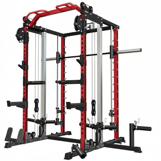Smith Machine Home Gym, Multi-Function Power Cage with Dual Pulley Cable Crossover System, All-In-One Squat Rack with Smith Bar and Strength Training Attachments for Full-Body Workouts