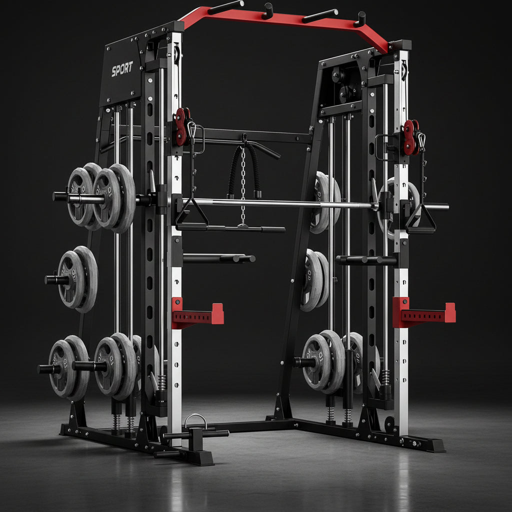 Smith Machine Home Gym All-In-1, 2200LBS Power Cage with Dual Cable Pulley Systems, LAT Pull-Down & Leg Hold-Down | Complete Strength Training Equipment for Full Body Workouts