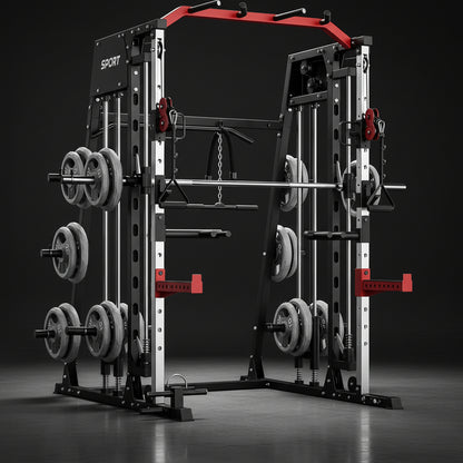 Smith Machine Home Gym All-In-1, 2200LBS Power Cage with Dual Cable Pulley Systems, LAT Pull-Down & Leg Hold-Down | Complete Strength Training Equipment for Full Body Workouts