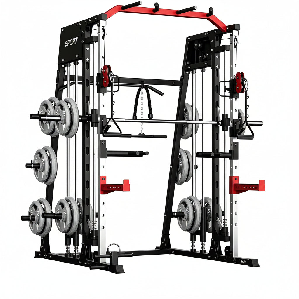 Smith Machine Home Gym All-In-1, 2200LBS Power Cage with Dual Cable Pulley Systems, LAT Pull-Down & Leg Hold-Down | Complete Strength Training Equipment for Full Body Workouts