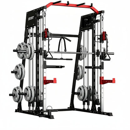 Smith Machine Home Gym All-In-1, 2200LBS Power Cage with Dual Cable Pulley Systems, LAT Pull-Down & Leg Hold-Down | Complete Strength Training Equipment for Full Body Workouts